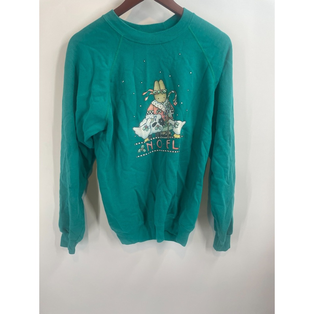 Vintage Hanes Mens Green Christmas Noel Graphic Pullover Sweatshirt Size L USA